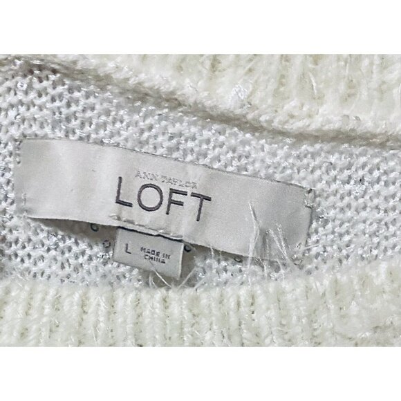 LOFT Womens Large Striped Sequin Eyelash Knit Sweater Ivory White Wool Boho - Picture 6 of 8